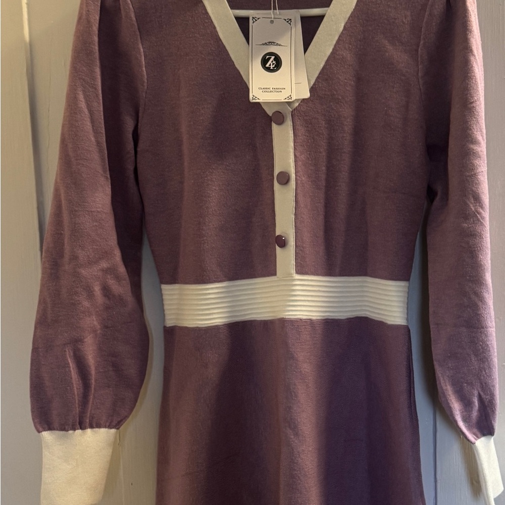 Purple and White V-Neck Dress